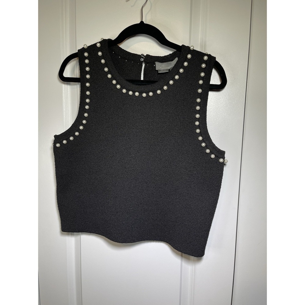Anthropologie Pearl Trim‎ Cropped Knit Tank Top Black Sz M Preppy Classic EUC